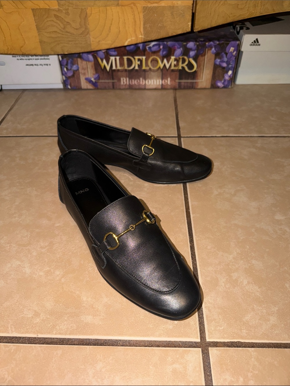 Mango Black Leather Slip-On Loafers with Gold Buckle, size 9 (40 Europe)